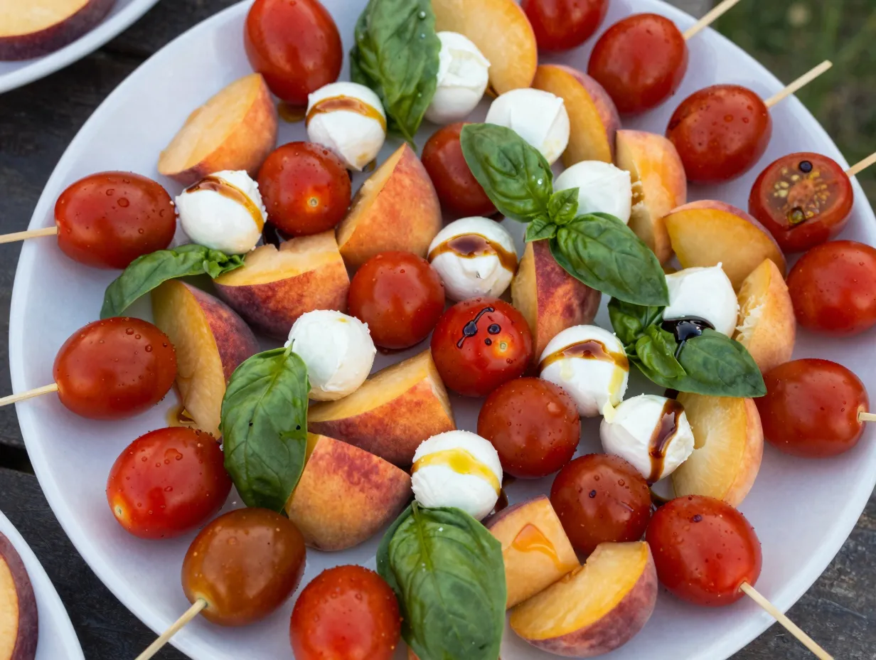 Skewers with cherry tomato fresh peach mozzarella and basil