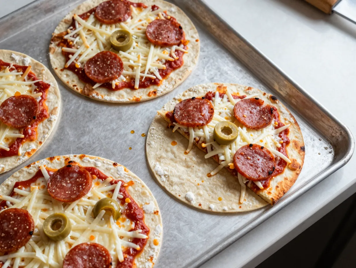 Crispy flour tortilla pizza sliced into wedges on tray