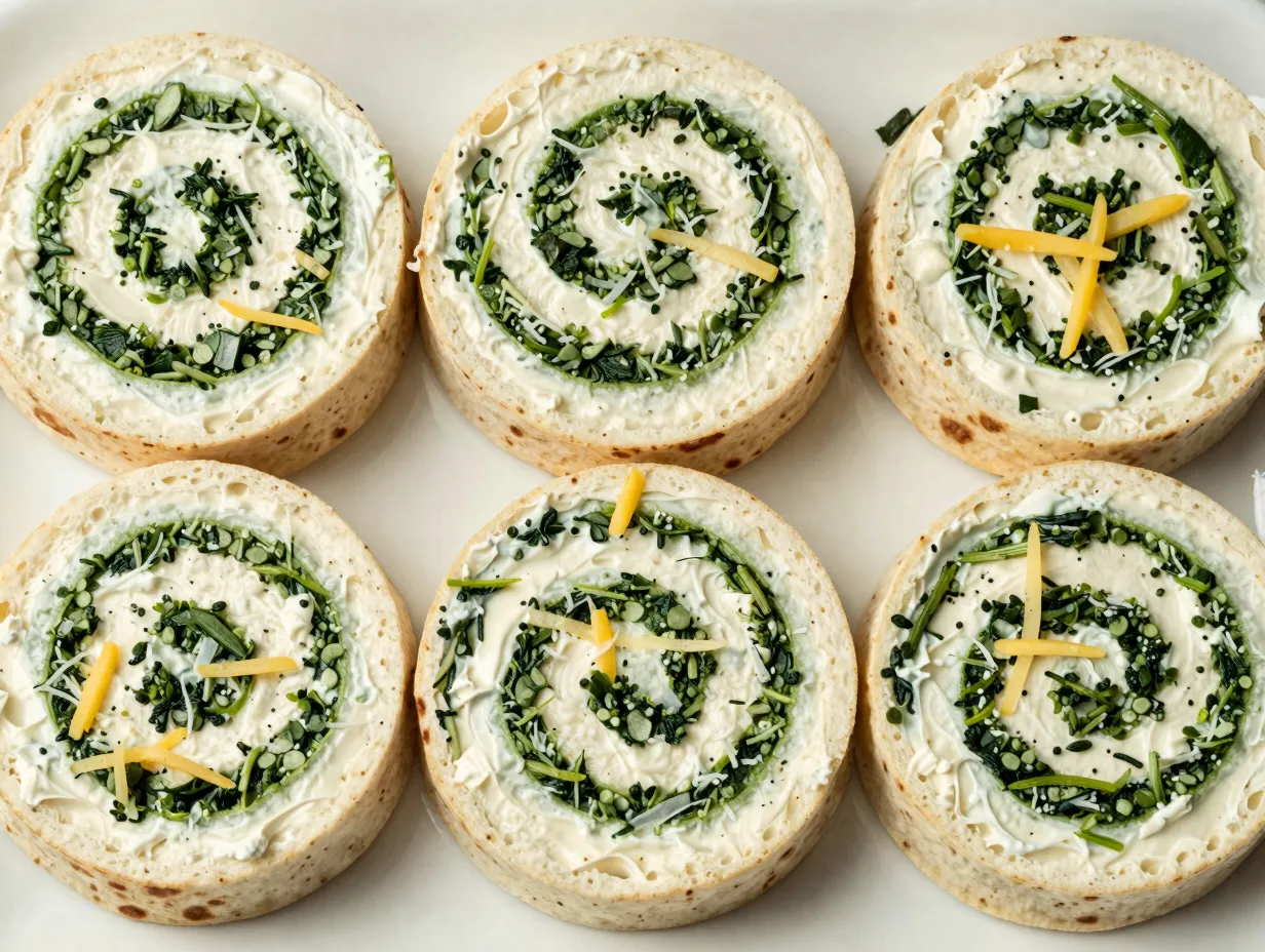 Refrigerated spinach dip pinwheel slices on a white platter