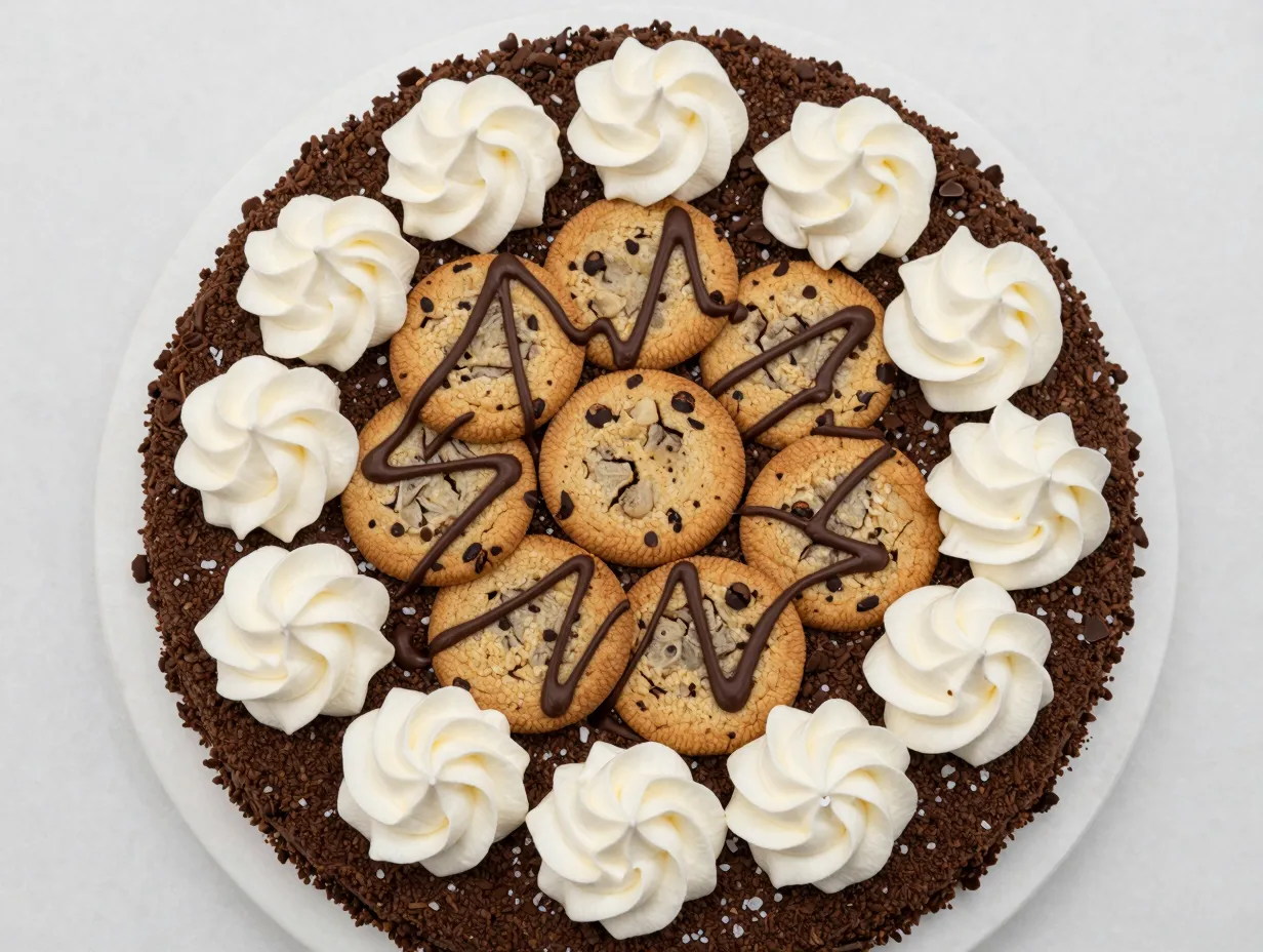 The homemade cookie crumb crust ice cream cake with decorative top