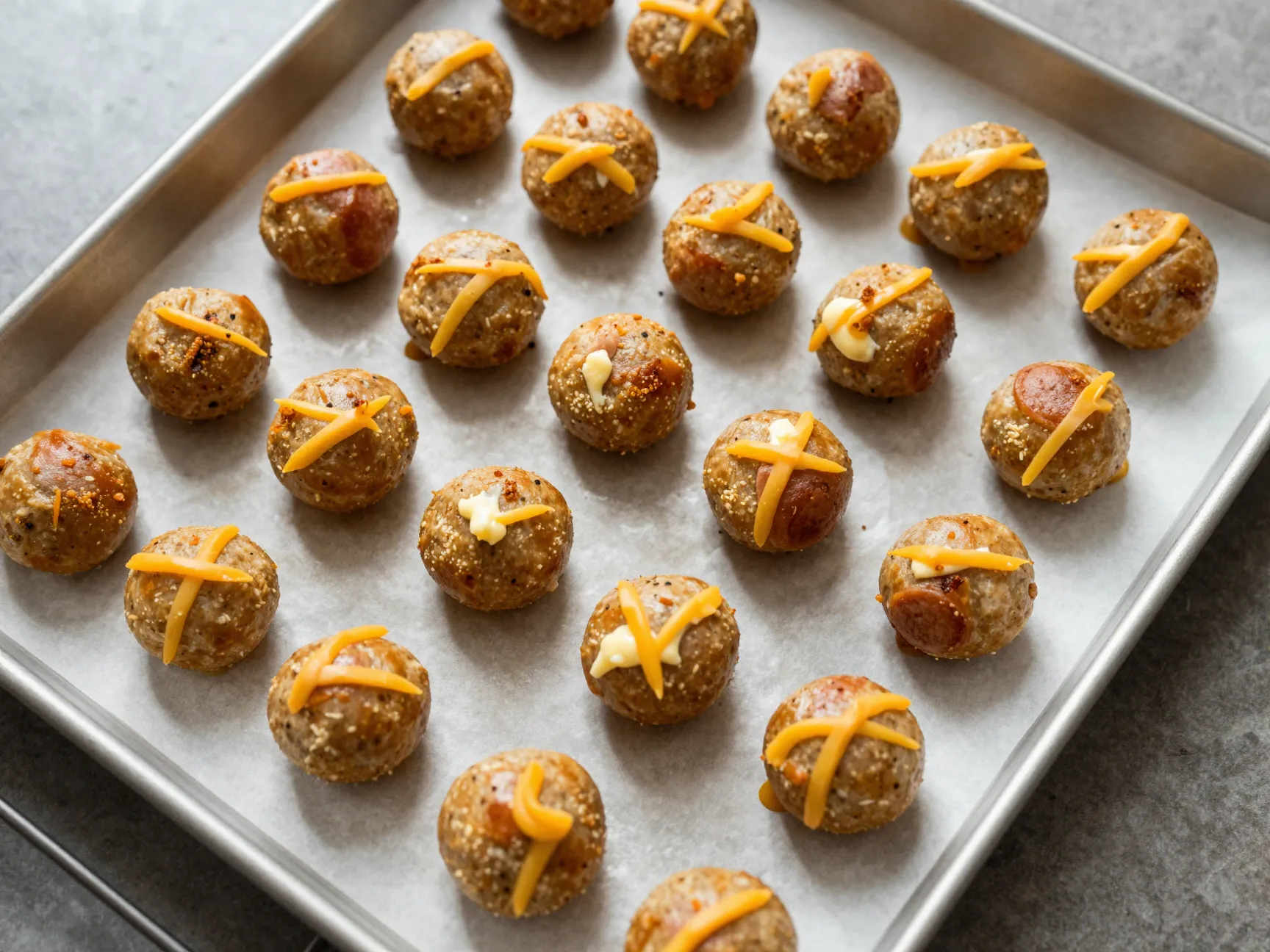 Golden brown baked cream cheese sausage balls on parchment