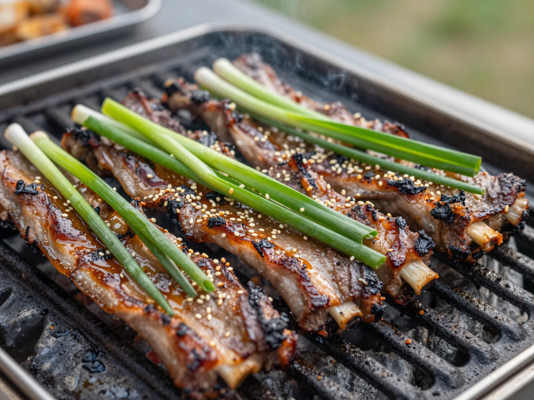 Glazed short ribs grilling over high direct heat flames