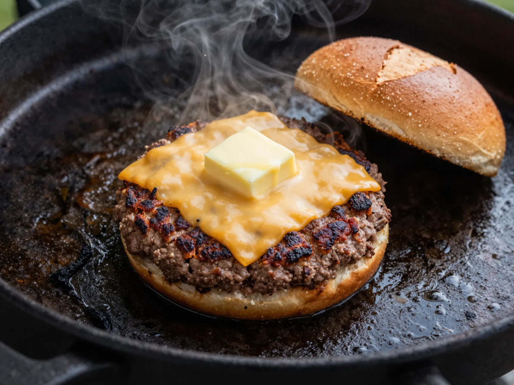 Smash burger sizzling on hot cast iron griddle surface