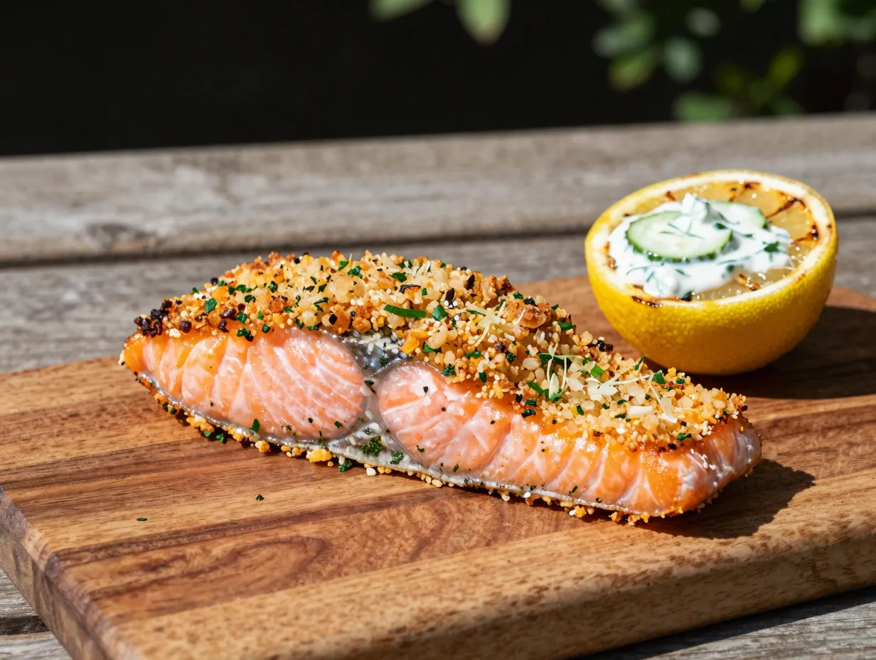 Grilled salmon fillet with golden lemon herb crust