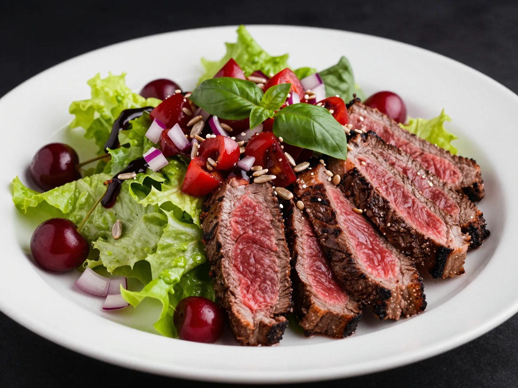 Steak salad with cherry balsamic salsa