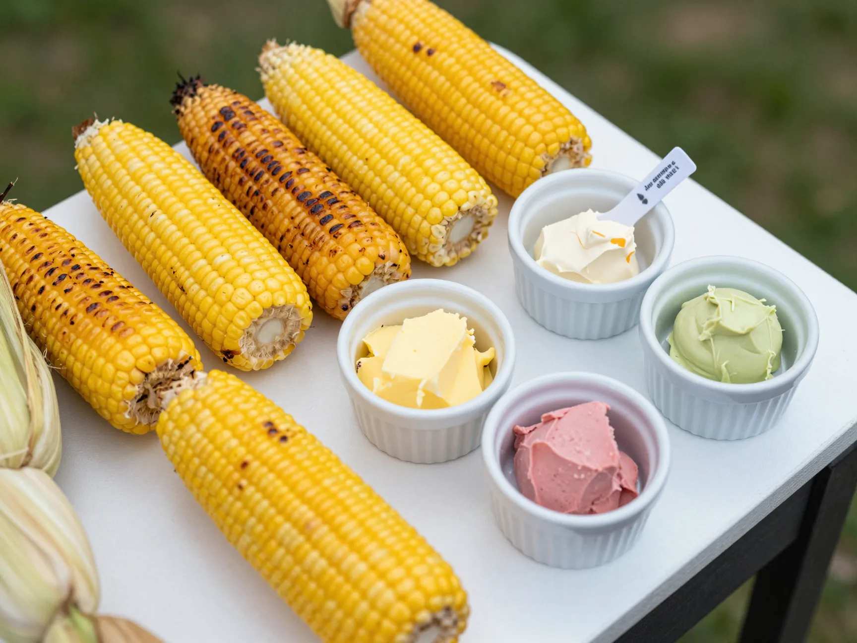 Grilled corn on the cob with three flavored butter options