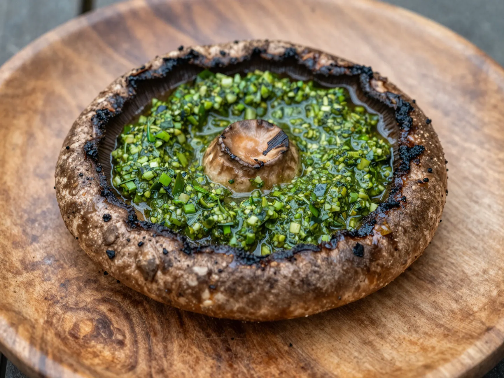 Grilled portobello steak topped with vibrant green chimichurri