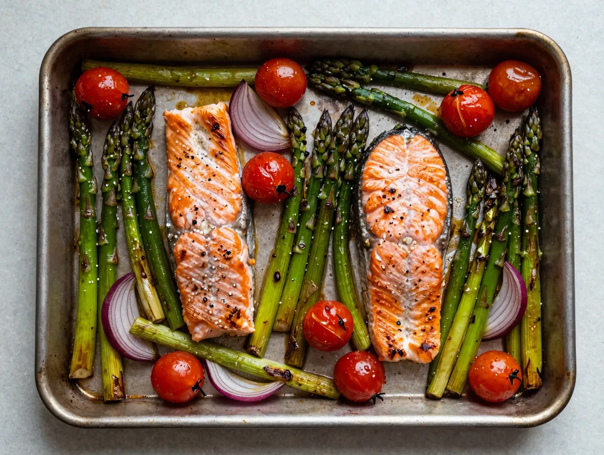 One pan salmon with roasted vegetables
