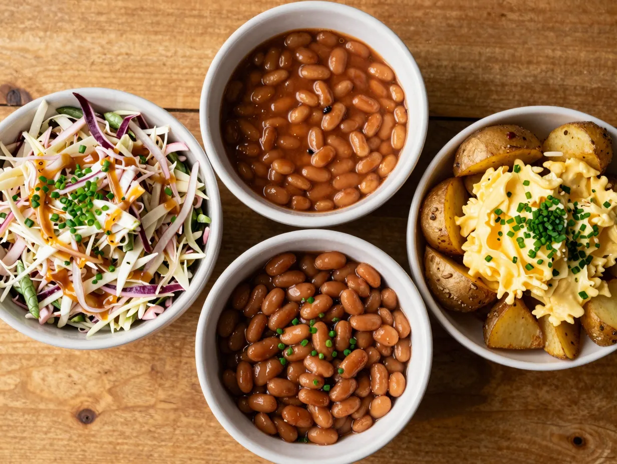 Three elevated side dishes arranged on a rustic outdoor table
