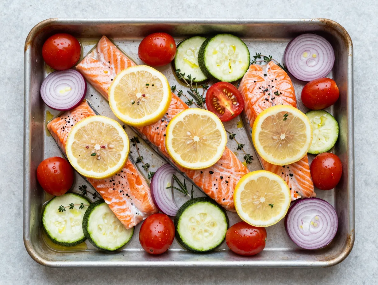 Sheet pan lemon herb salmon with vegetables