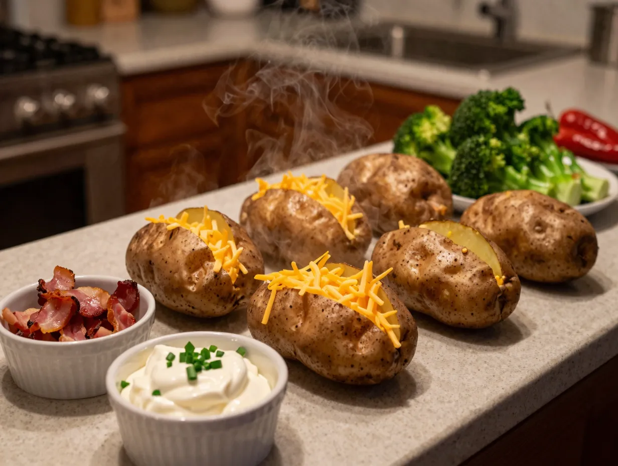 A baked potato bar with various topping bowls
