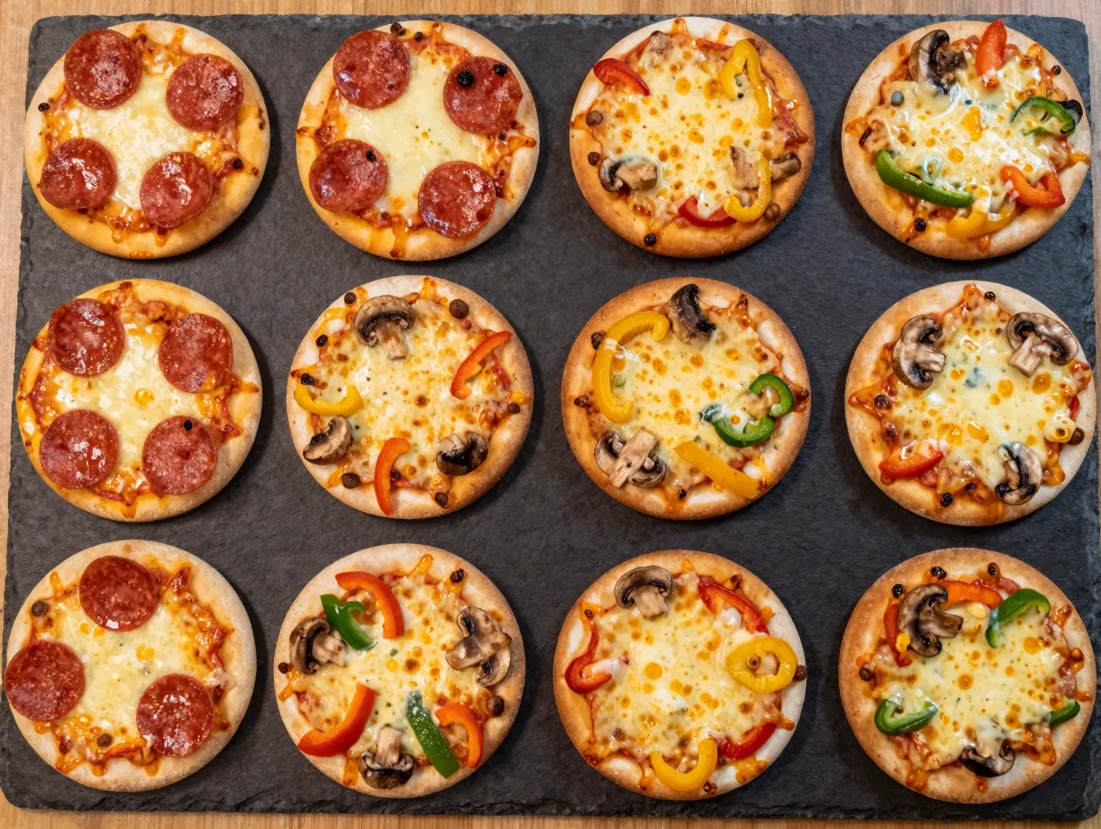 A platter of assorted mini pizzas and flatbreads