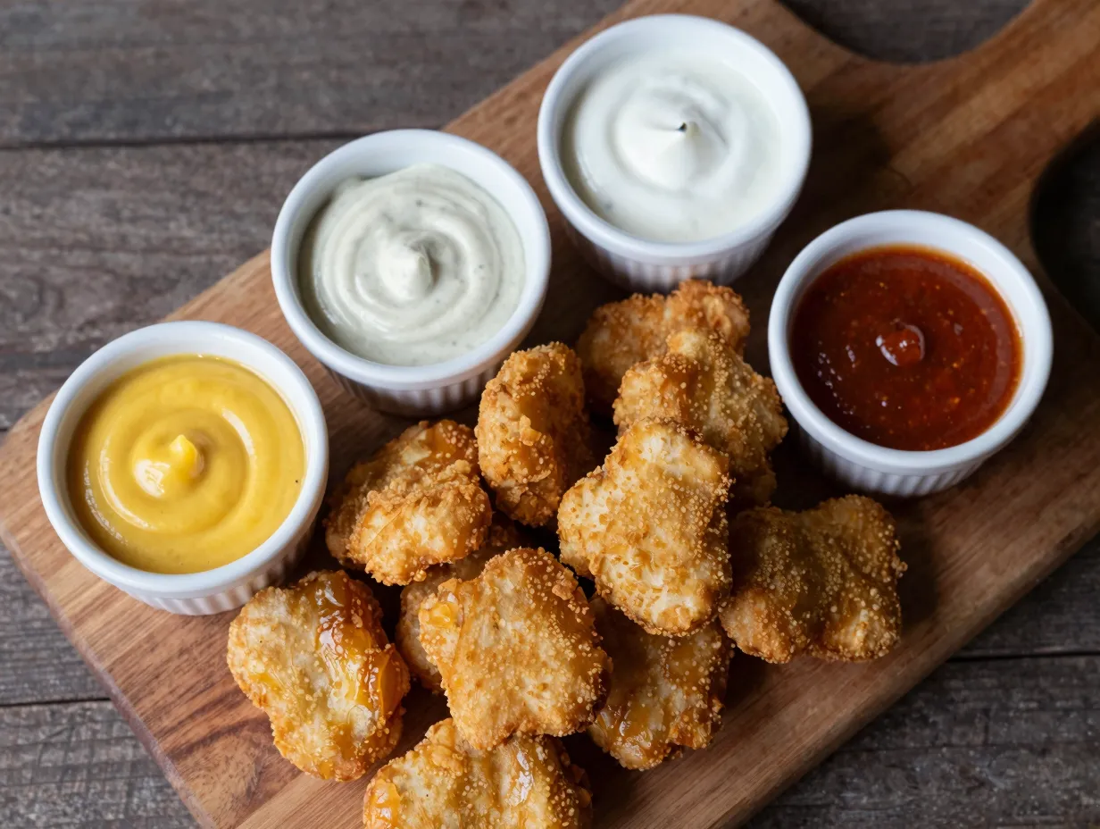 Crispy chicken nuggets with four dipping sauces