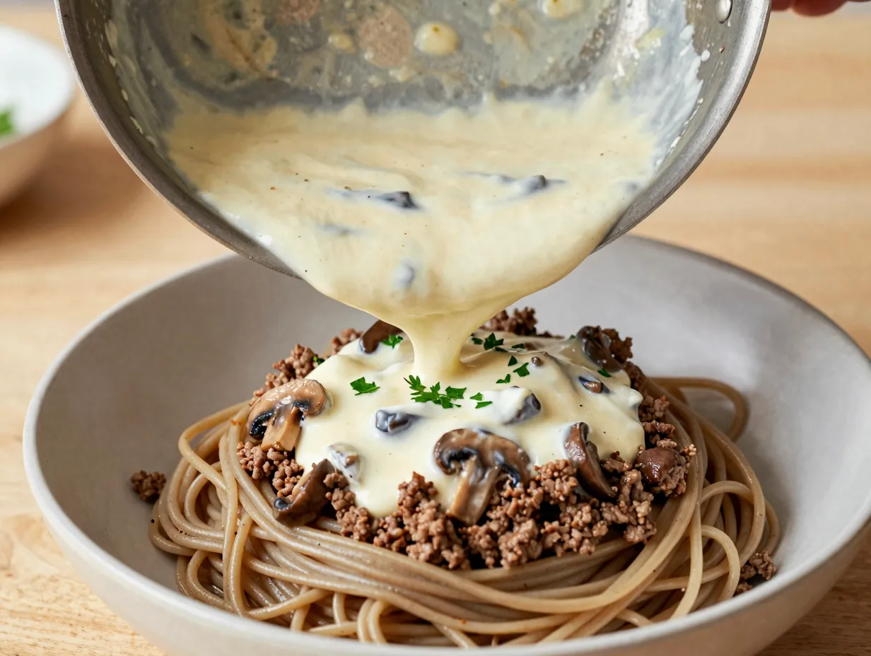 Healthy ground beef stroganoff