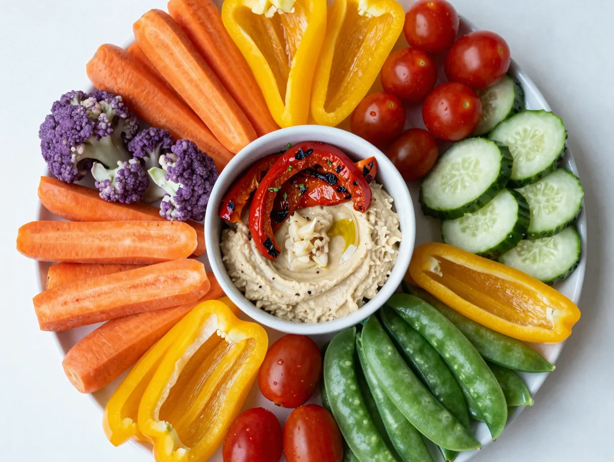 A vibrant rainbow vegetable and hummus platter