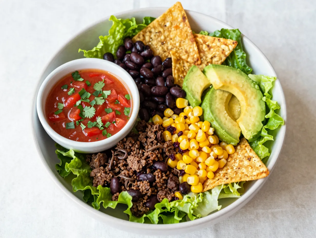 Beef taco salad with chunky tomato dressing