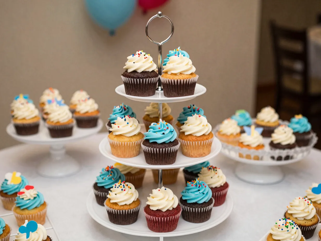A tiered stand displaying themed decorated cupcakes