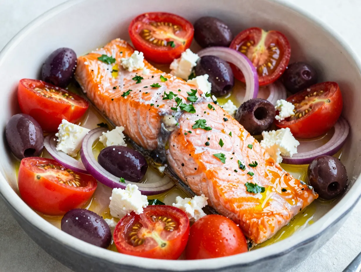 Mediterranean lemon salmon with olives and tomatoes
