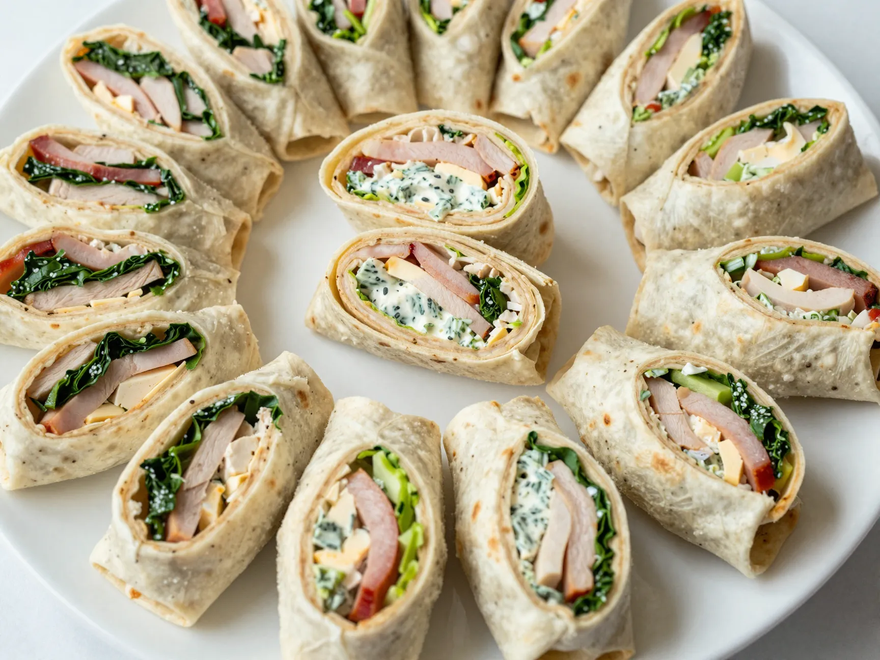 A platter of colorful sandwich pinwheels and wraps