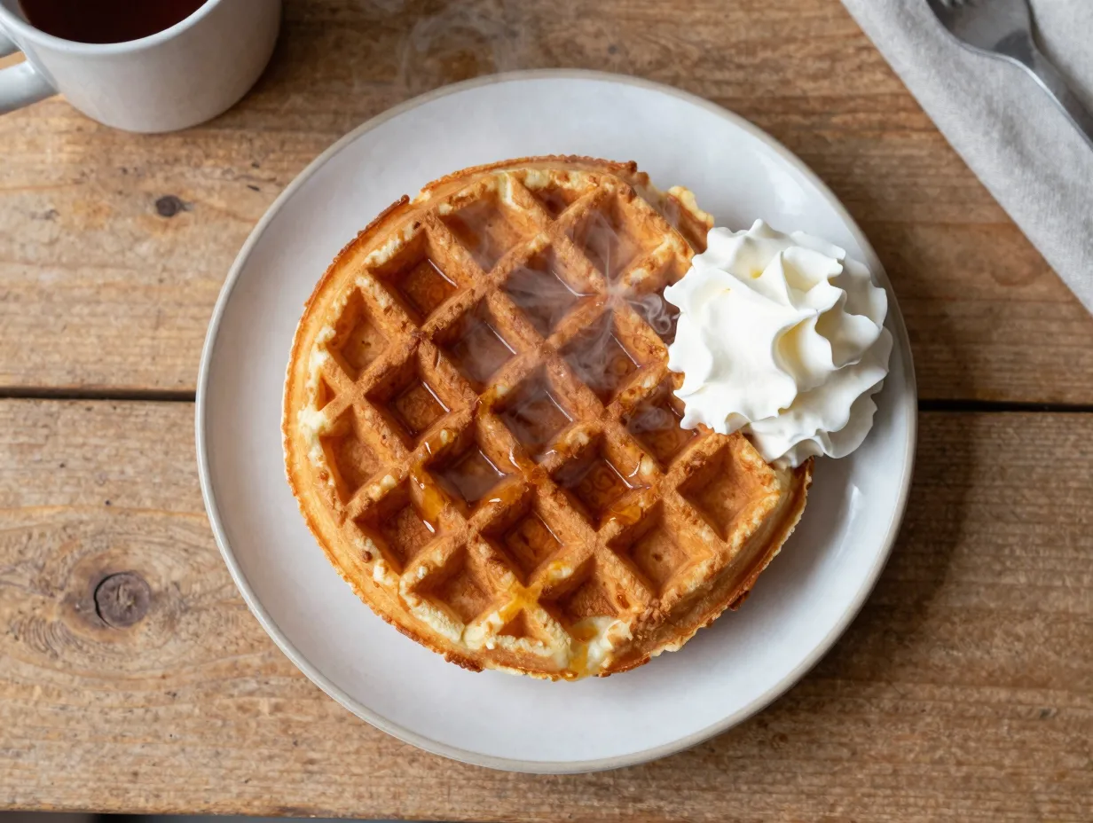 A perfectly golden crisp waffle on a patterned plate