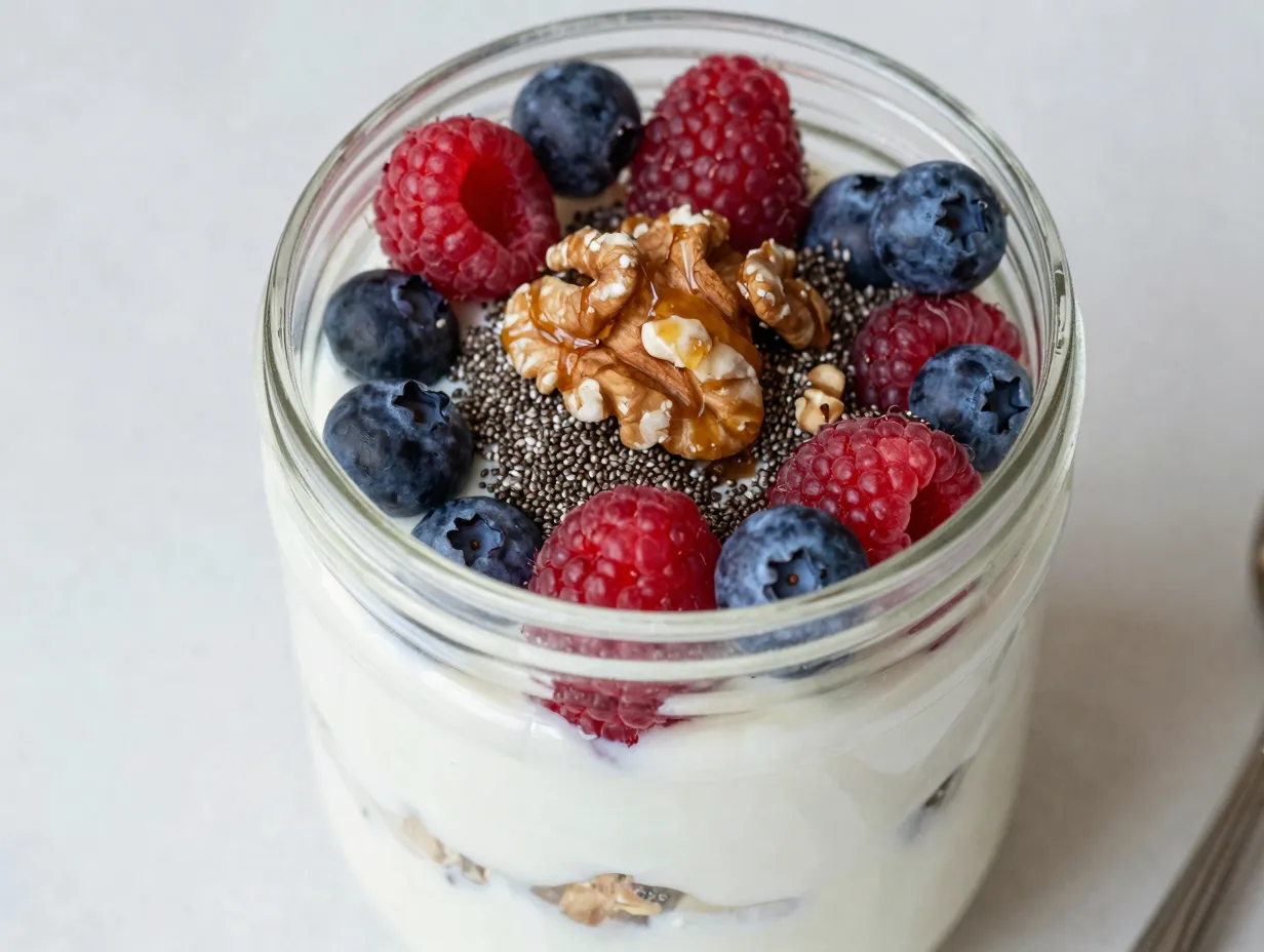 Greek yogurt parfait with fresh berries and chia seeds