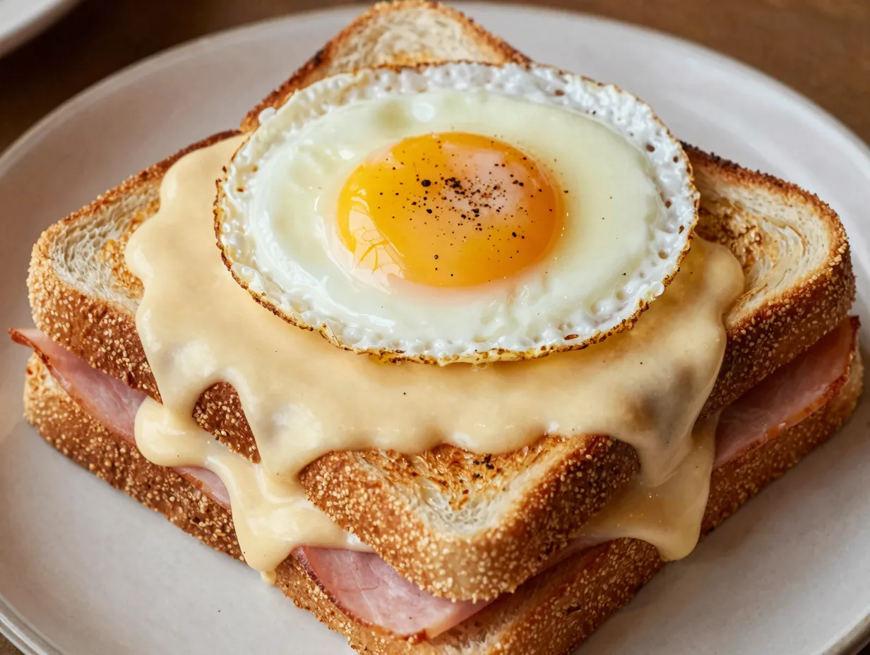 A golden croque madame sandwich with a runny fried egg
