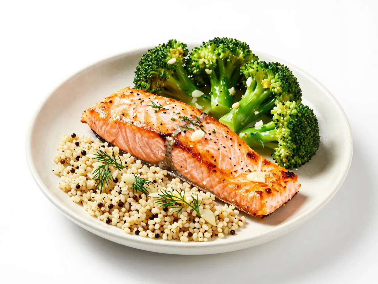 Baked salmon with garlic broccoli and quinoa