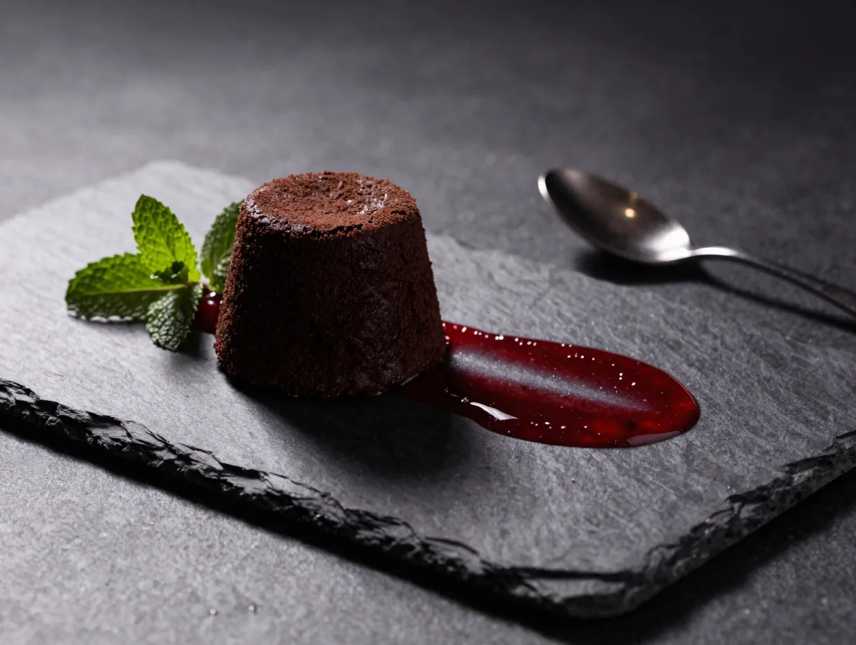 Flourless chocolate truffle cake with strawberry sauce