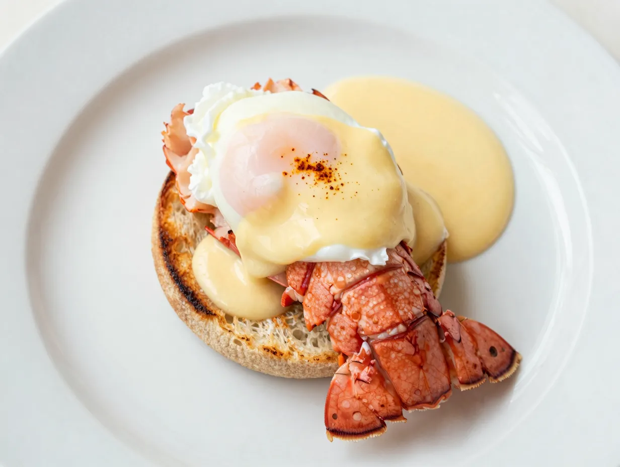 A lobster benedict with rich hollandaise on a muffin