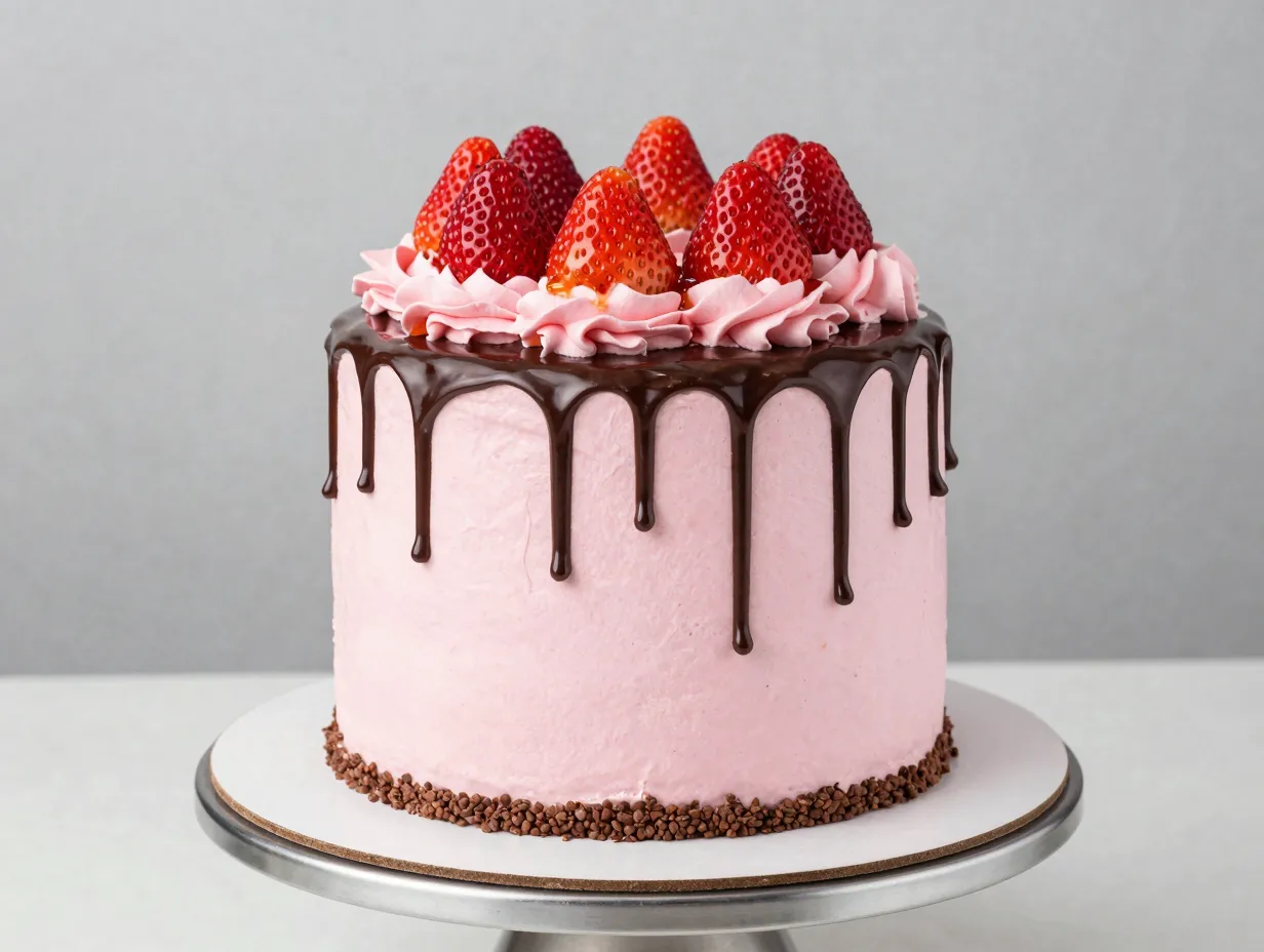 Chocolate strawberry layer cake inspired by chocolate covered strawberries