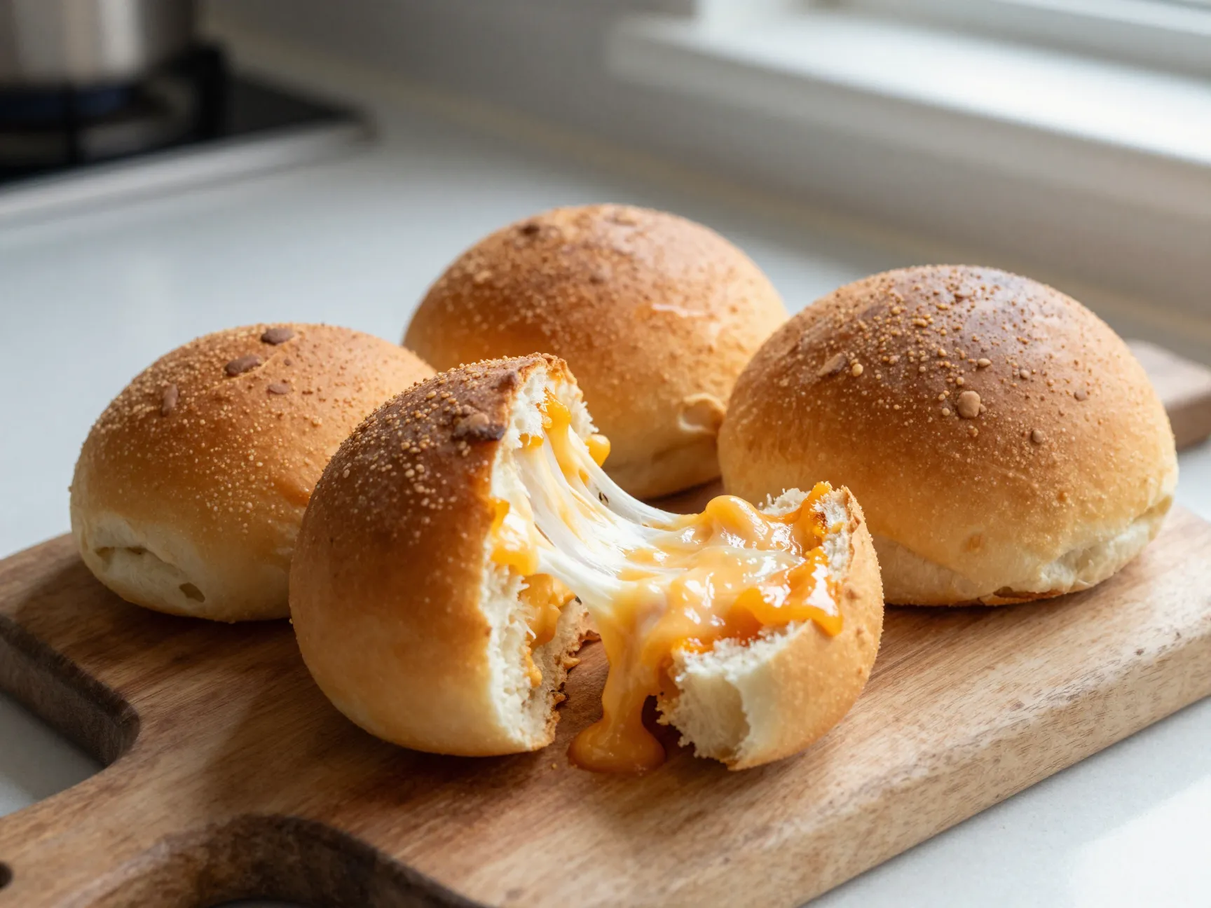 Freshly baked triple cheese buns on a wooden board