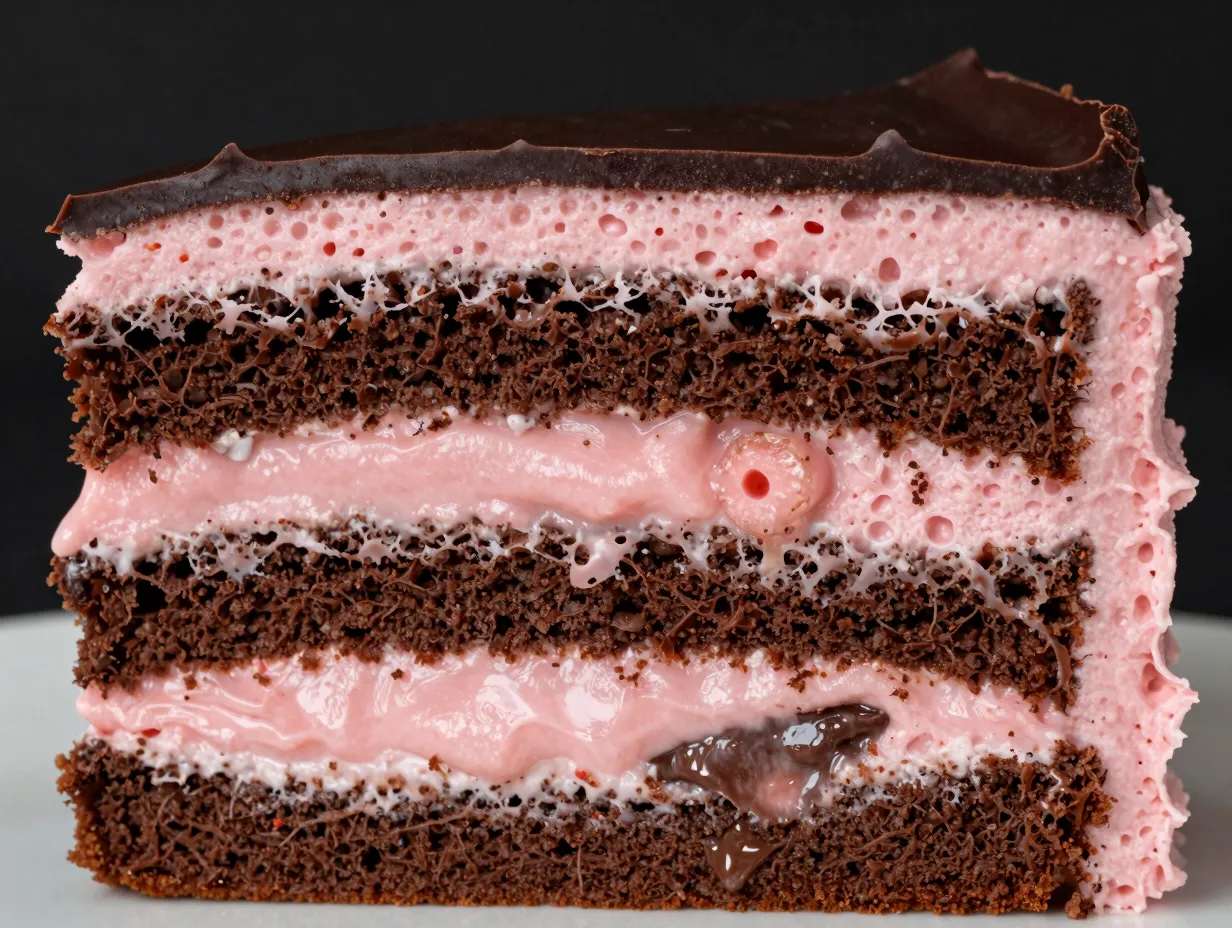 Rich chocolate cake with creamy strawberry ganache filling
