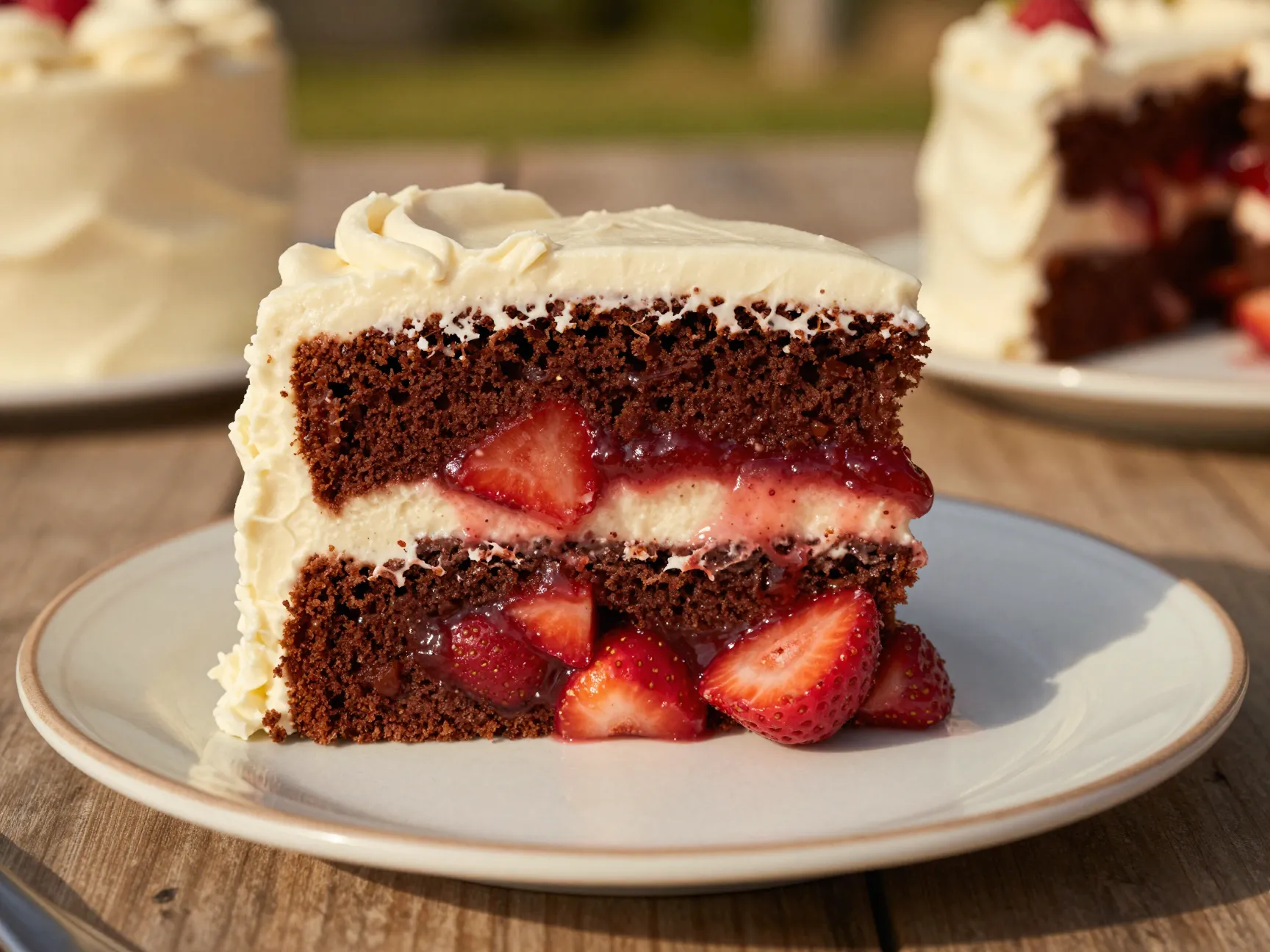 Chocolate strawberry cake with real strawberry filling and cream cheese frosting