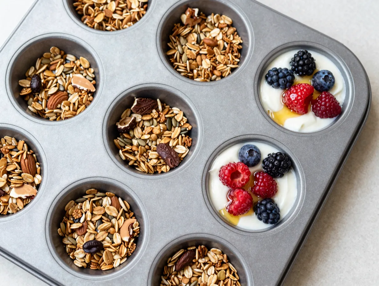 Granola nests filled with yogurt and fresh fruit