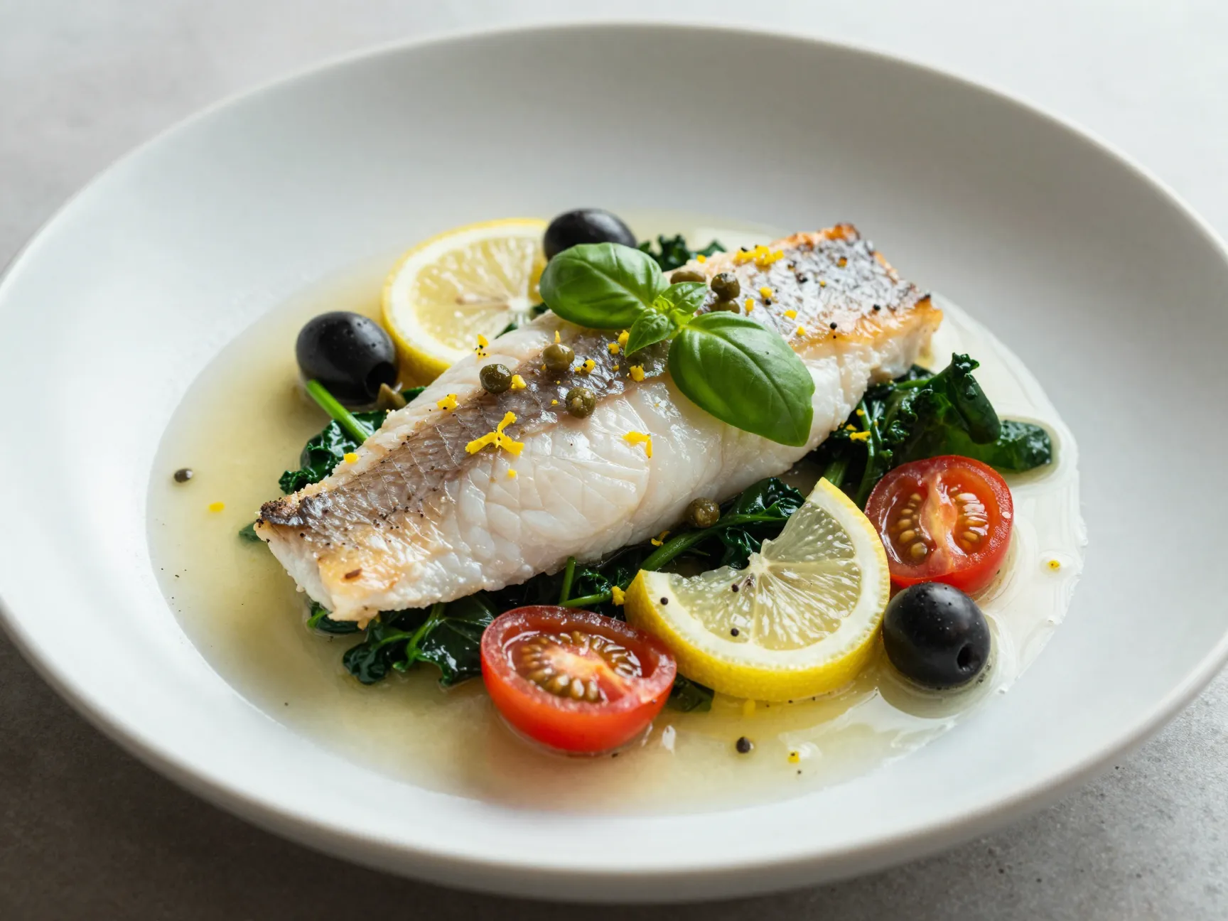 Mediterranean poached sea bass with greens