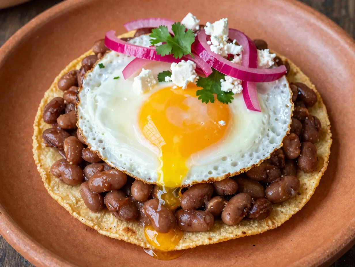 An open egg tostada with beans and pickled onions