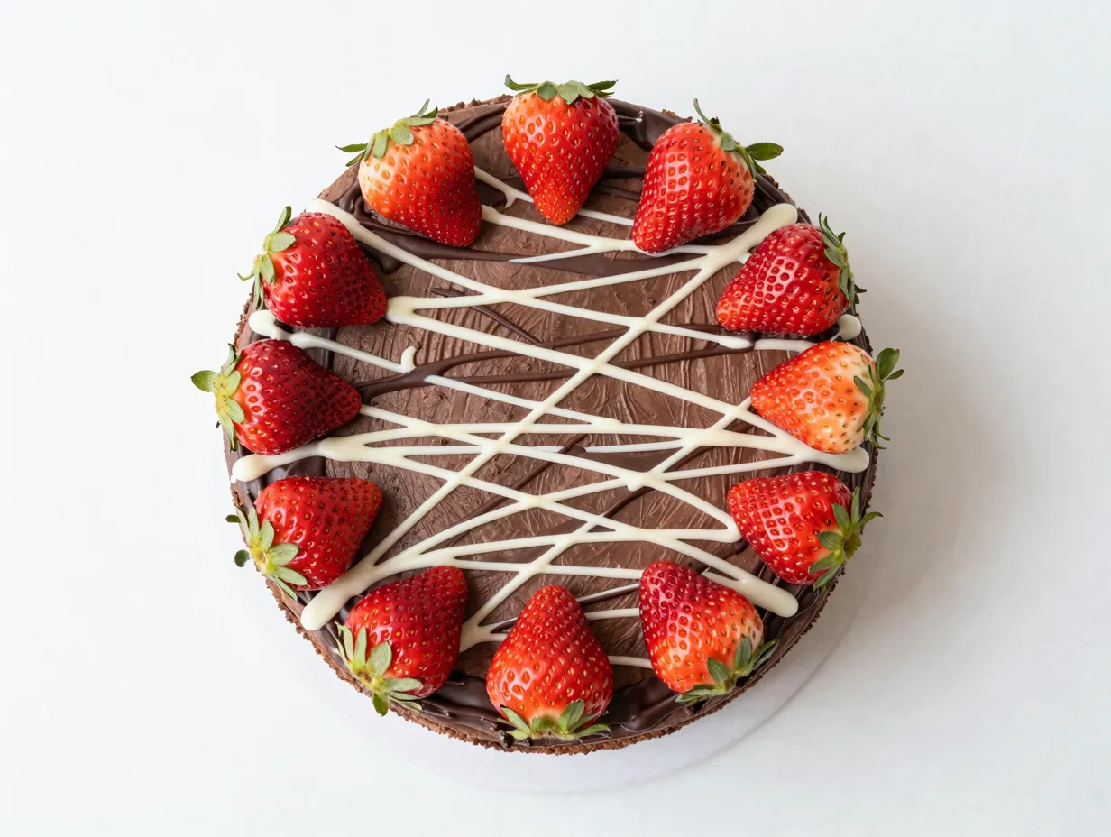 Food networks decadent chocolate strawberry cake with dual chocolate drizzle