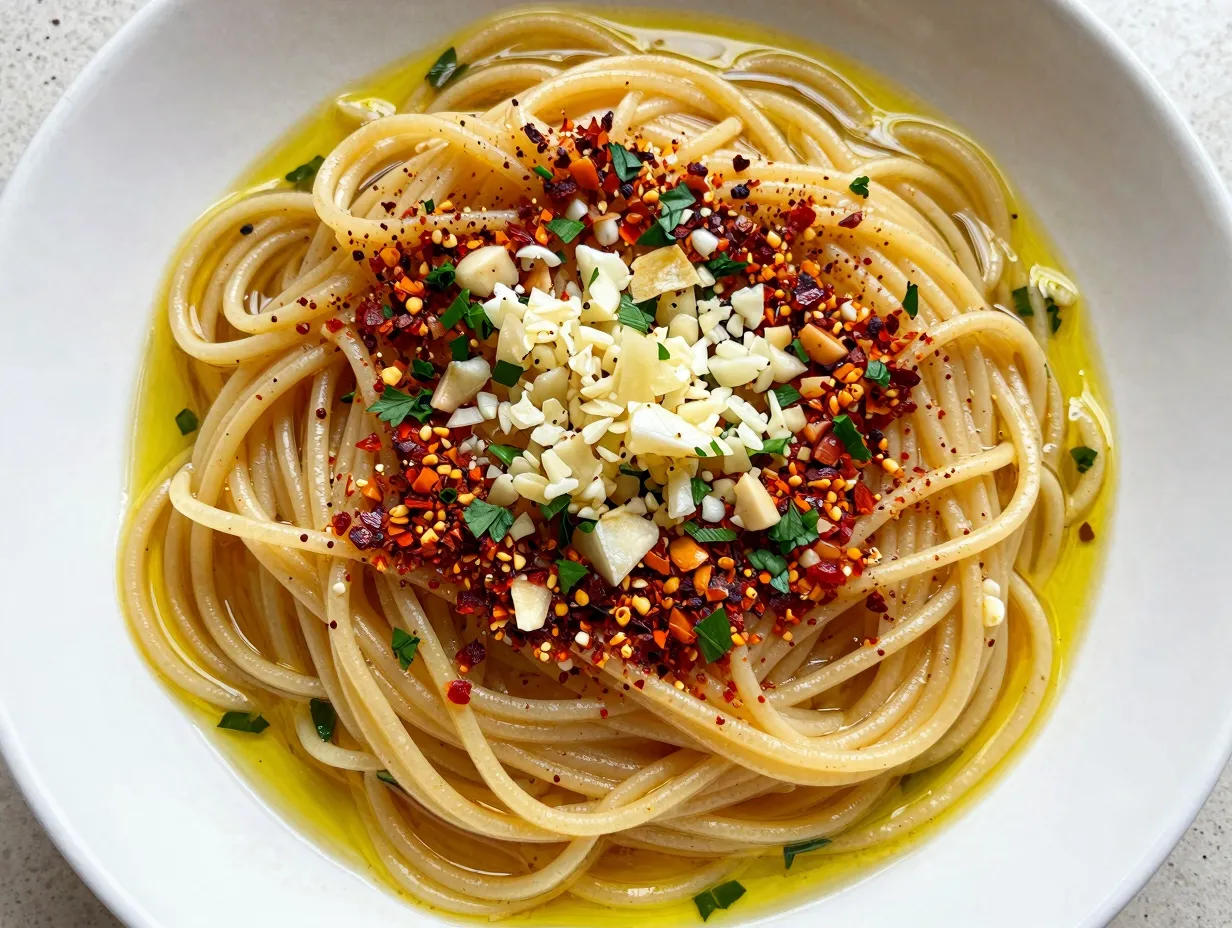 Spaghetti with garlic olive oil and red pepper flakes