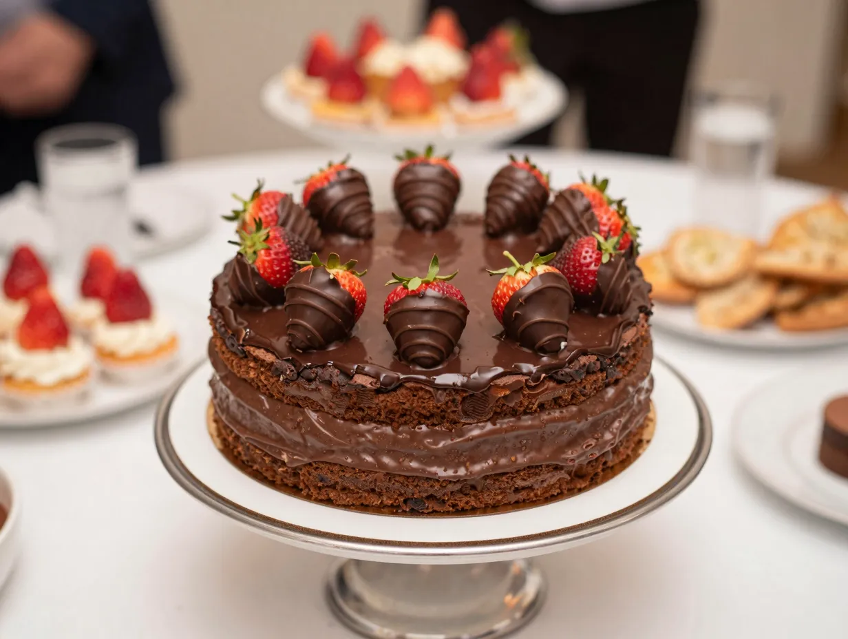 Love bakes good cakes chocolate strawberry cake with chocolate dipped strawberry garnish