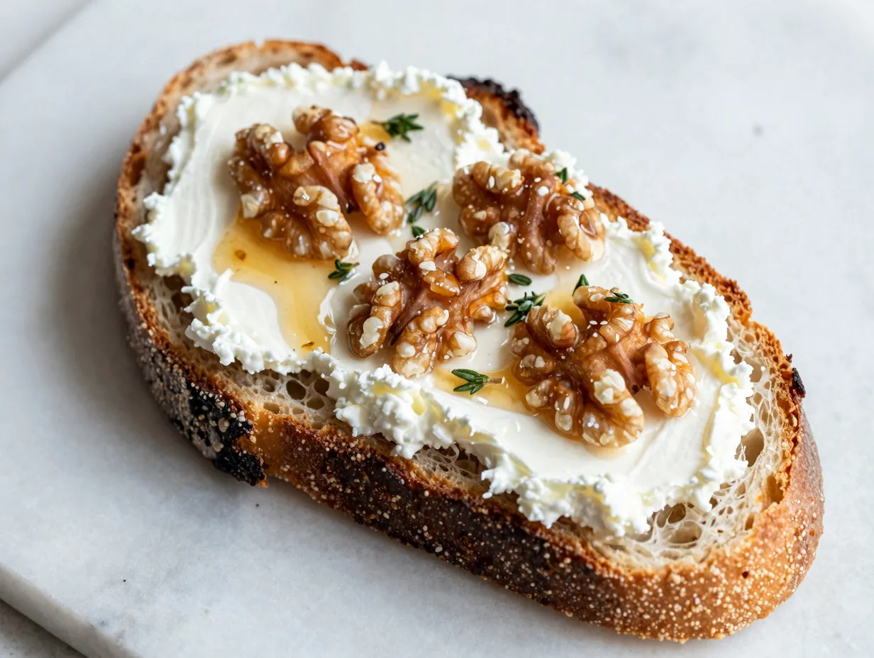 Sourdough toast with goat cheese honey and walnuts