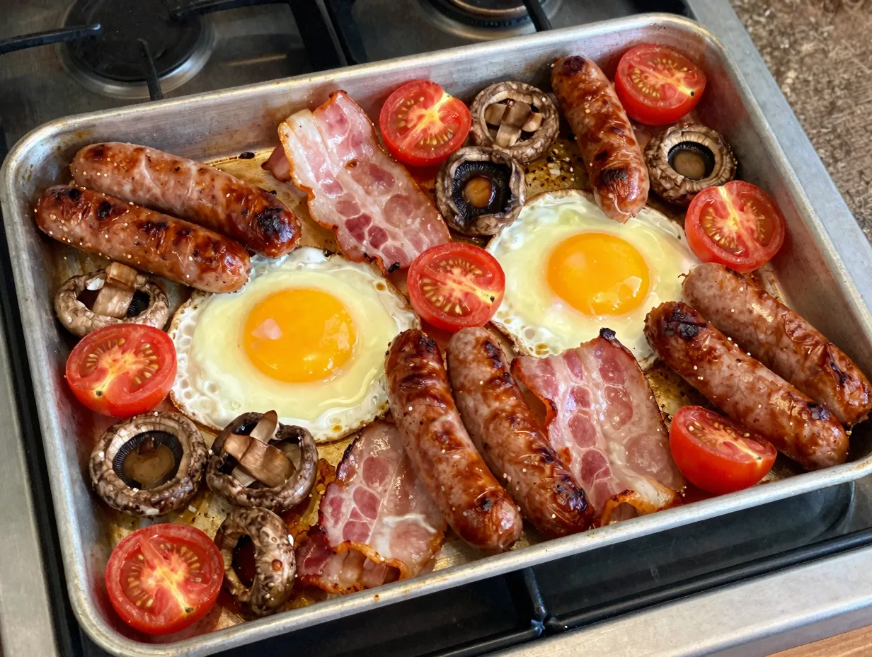 A one tray full english breakfast bake in a roasting pan