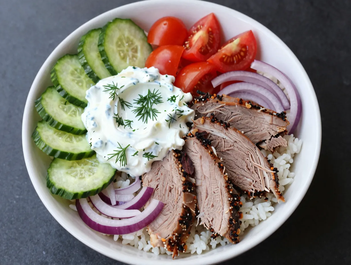 Gyro meat bowl with homemade tzatziki