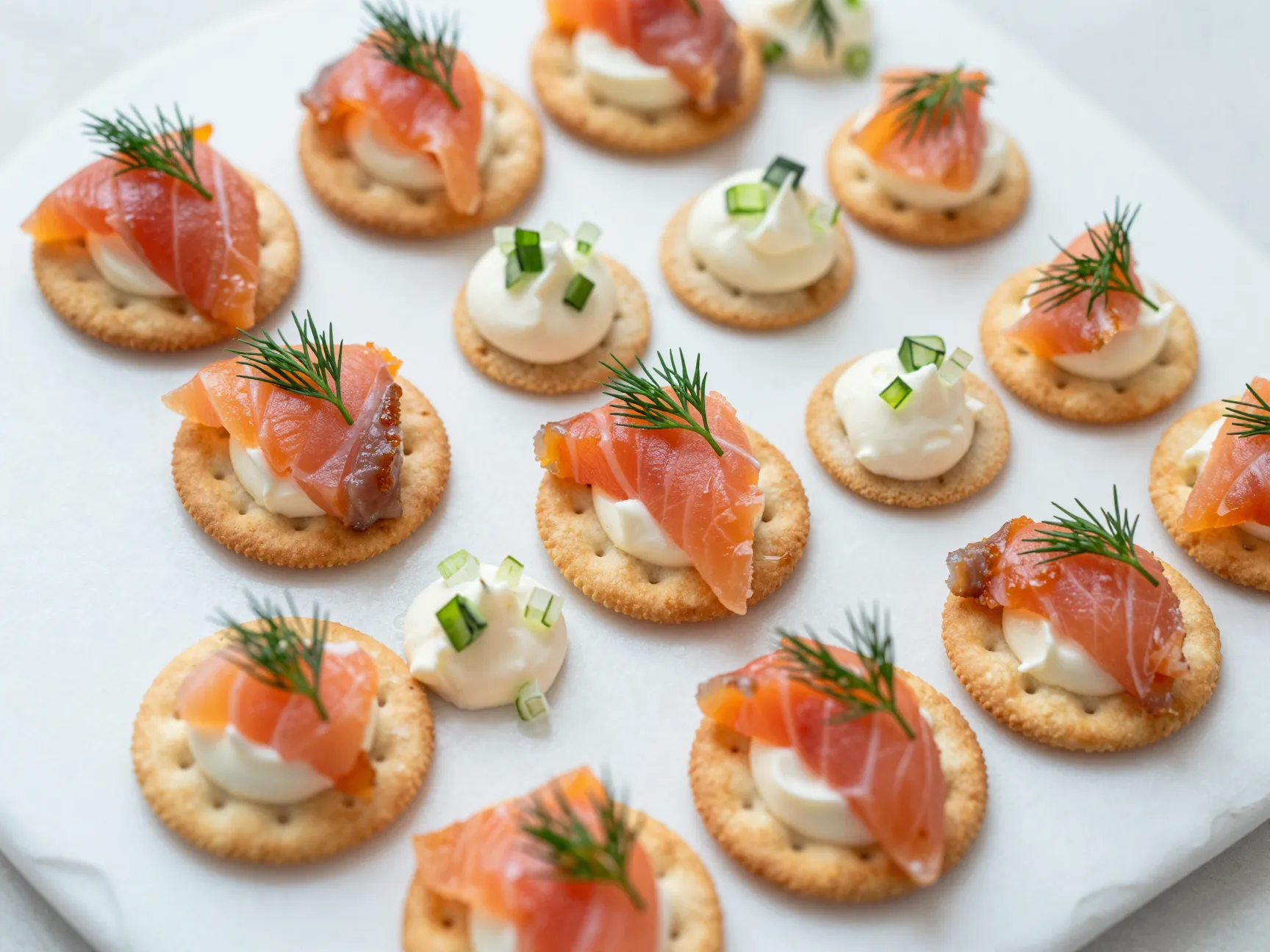 Smoked salmon canapes on crisp water crackers