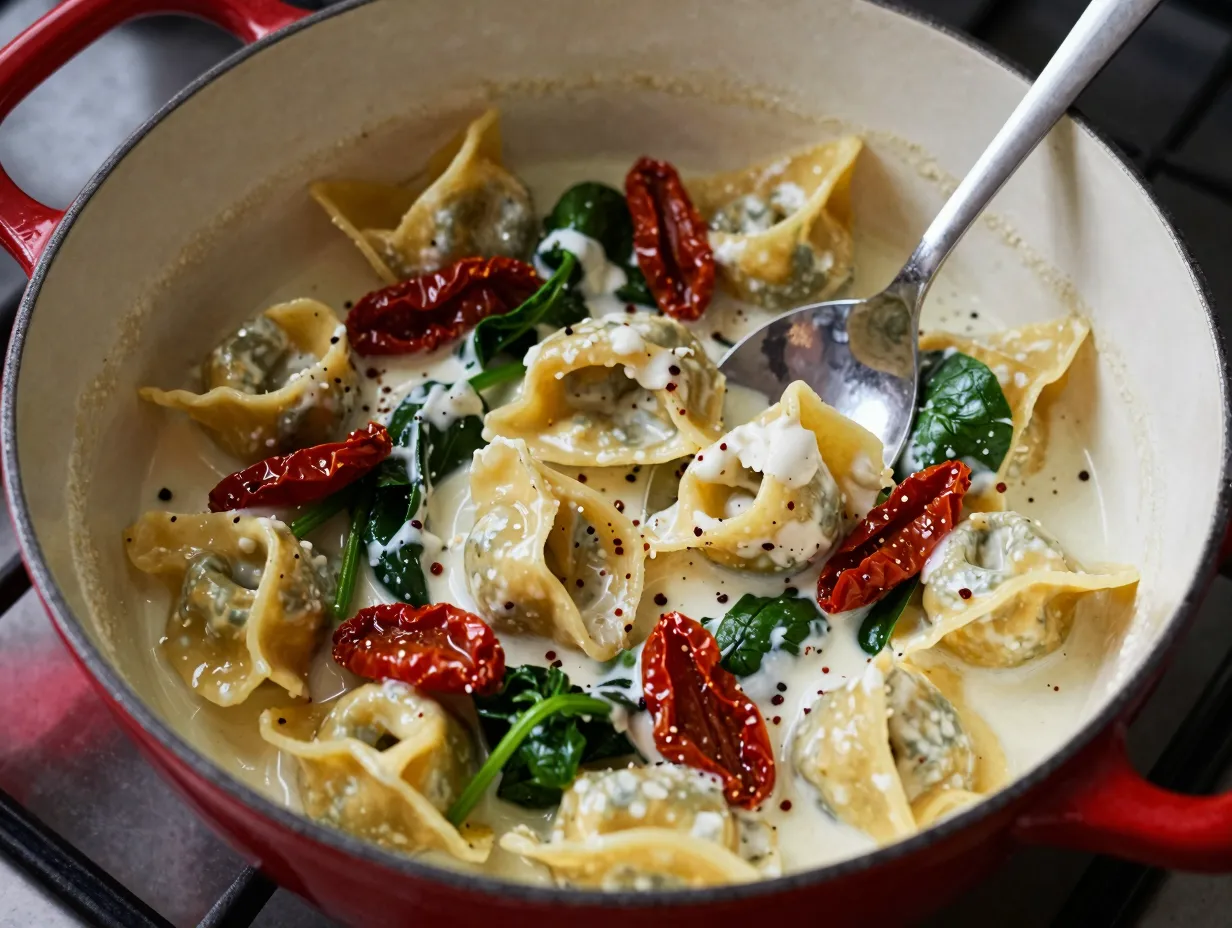 A creamy one pot tuscan pasta with spinach and tomatoes