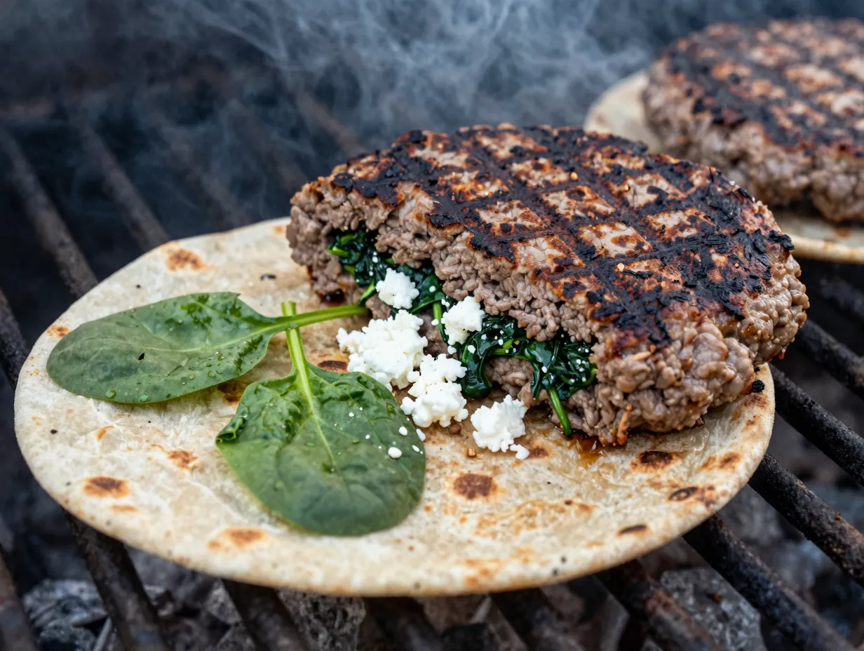 Turkey beef blend burger with spinach and feta