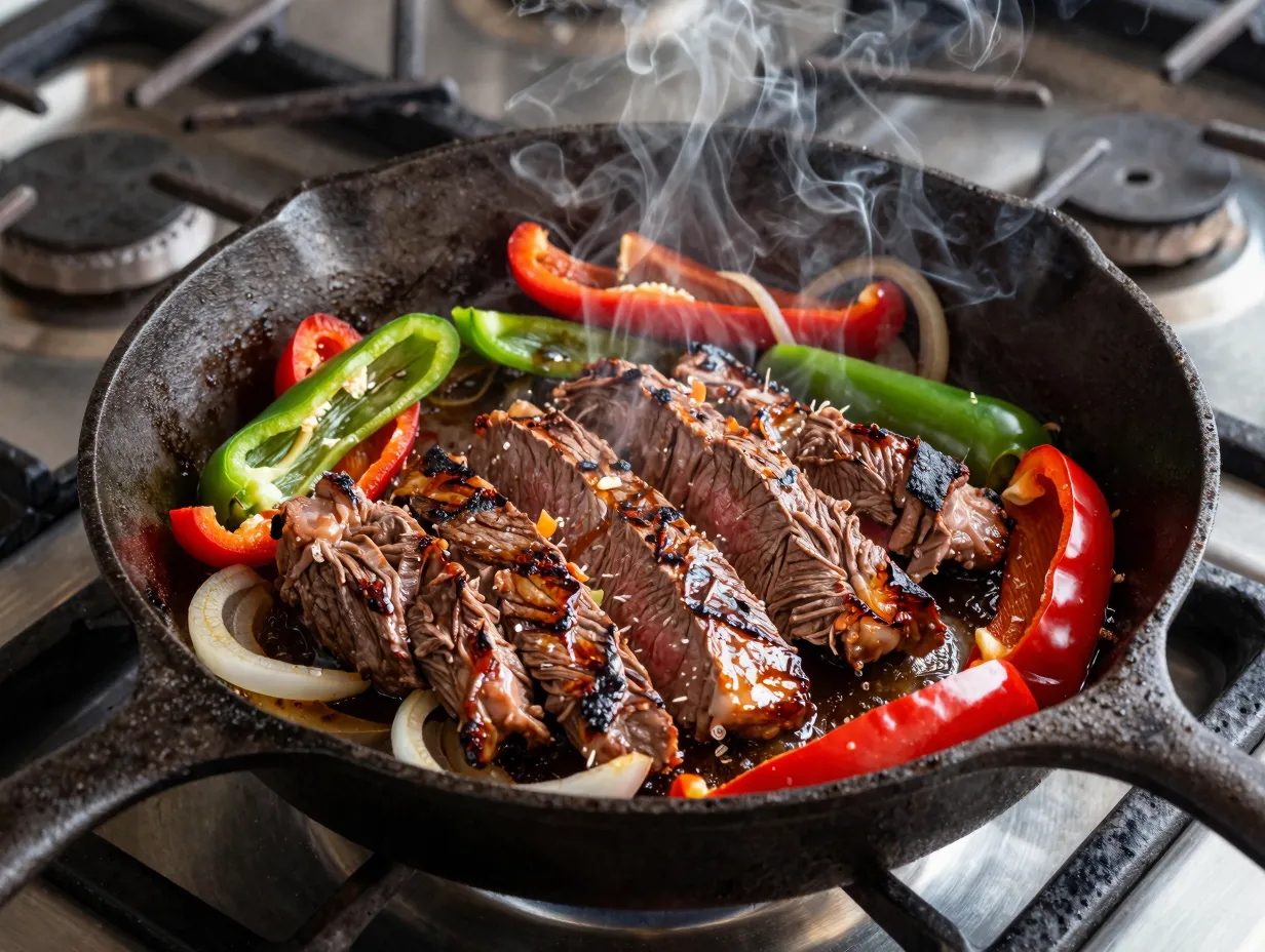 Seared beef and bell pepper fajitas in a cast iron skillet