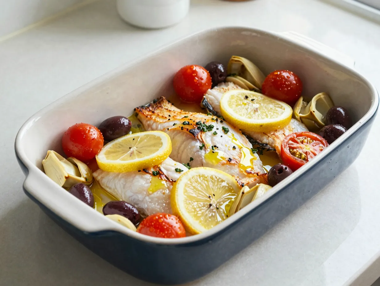 Mediterranean baked cod fillets with tomatoes and olives