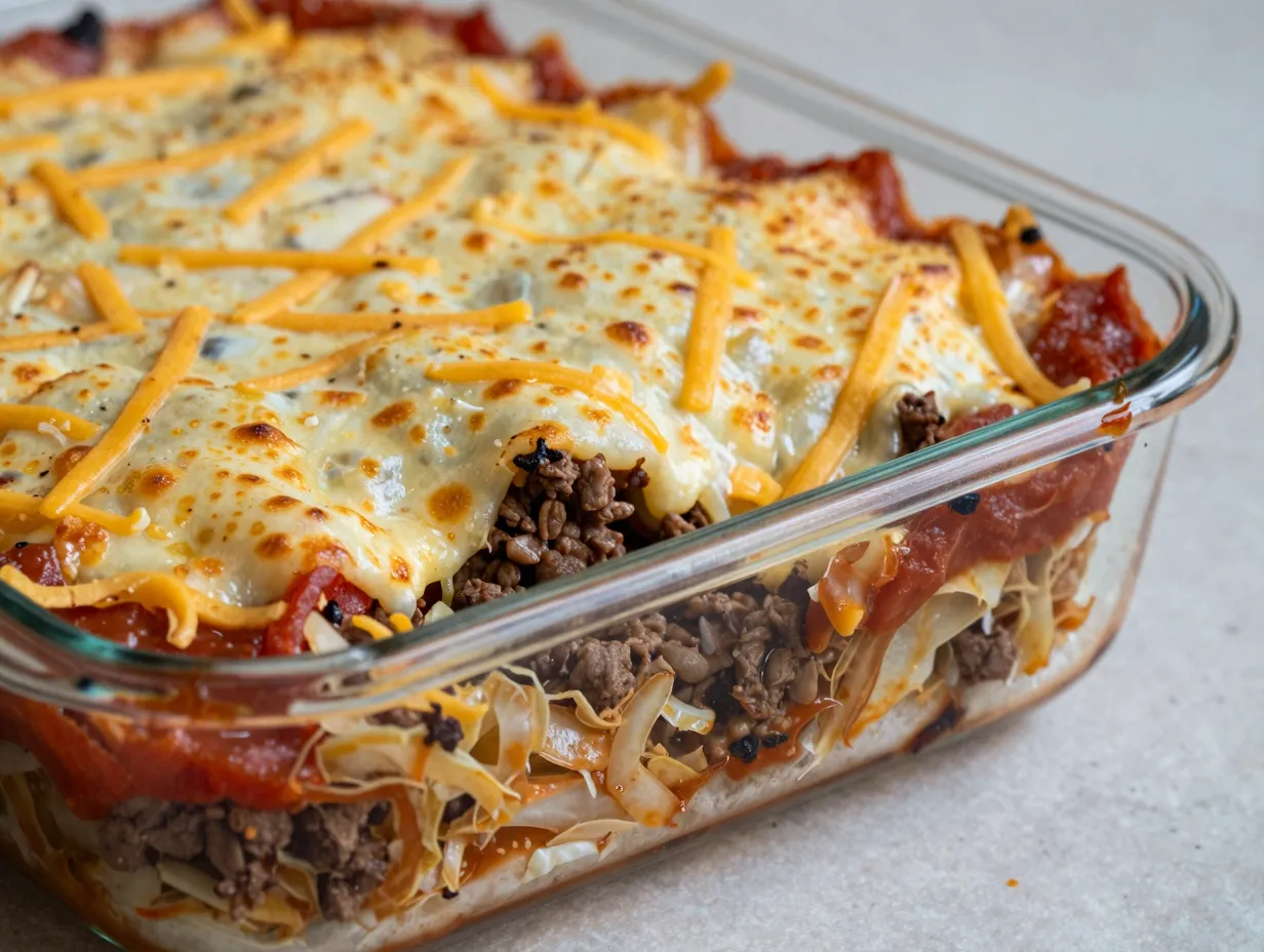 A layered cheesy cabbage and ground beef casserole