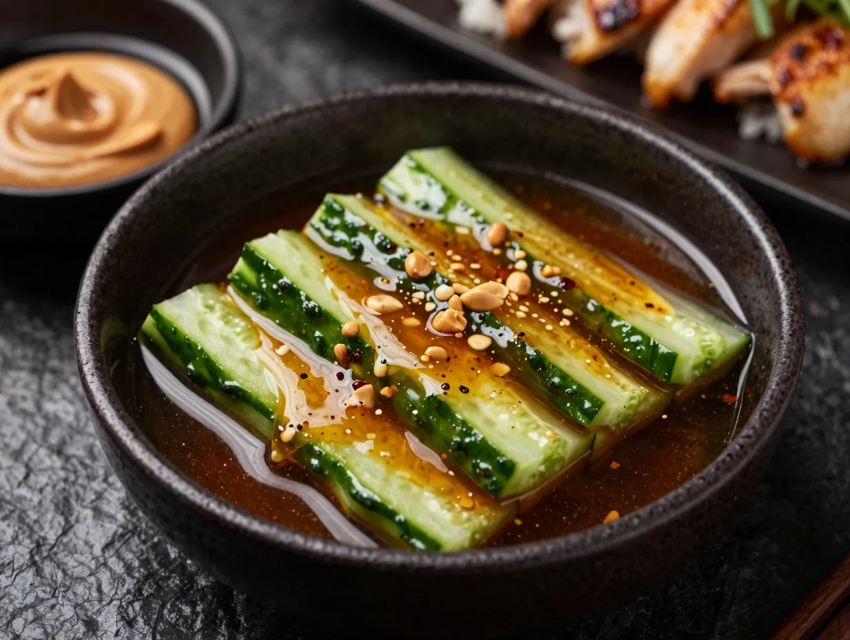 Marinated cucumber salad with peanut honey chili sauce