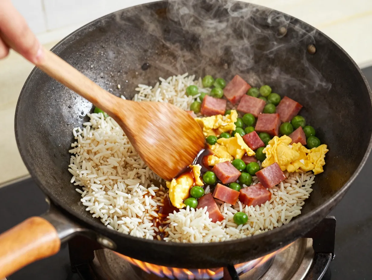 A hot wok of colorful ham fried rice with peas